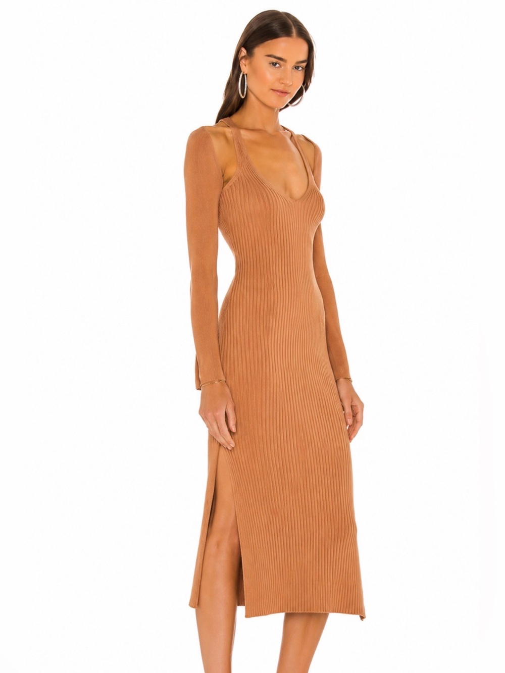House of Harlow x revolve viscose ribbed long sleeve dress in champagne small